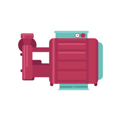 Modern water pump flat vector illustration. Electronic pumping equipment, industrial engine or compressor isolated on white background. Machinery concept