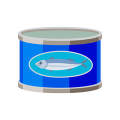 Canned fish in tin can isolated on white background. Tinned food cartoon illustration. Pantry, grocery, storage concept