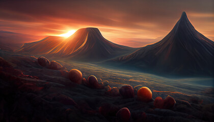 fantasy alien planet above mountain with sunrise