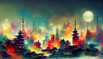 fantasy night city japanese landscape