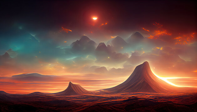 fantasy alien planet above mountain with sunrise