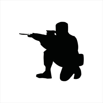 Black silhouette of hunter on white background. Icon of hunt man. Shooter with rifle. Vector illustration