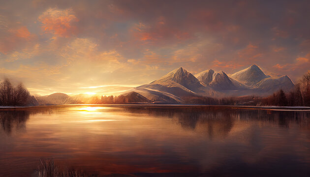 sunrise over the mountains with a lake with soft light