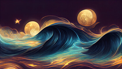 Waves in ocean at night with galaxy stars in the sky