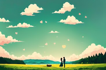 Fototapeta na wymiar Romantic Landscape for Valentine's Day with Couple In Love and Heart Shaped Clouds