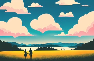 Obraz na płótnie Canvas Romantic Landscape for Valentine's Day with Couple In Love and Heart Shaped Clouds