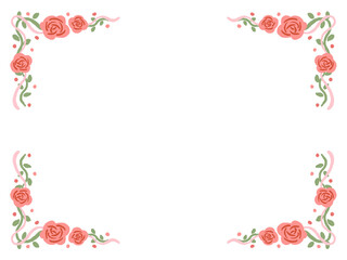 Fototapeta premium Red rose decoration frame valentine cute hand drawn illustration / 赤いバラの装飾フレーム バレンタイン かわいい手描きイラスト