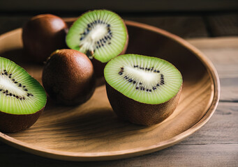 Food photo of a Kiwi cut in half on wooden table with copy space, Exotic Winter Fruit & Leeks and Green Onions Month - AI Generated