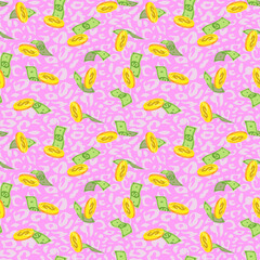 flying dollar, gold dollar sign, Money seamless pattern with one hundred US dollar bills on a dark background. Falling, folded, twisted, flying dollar banknotes