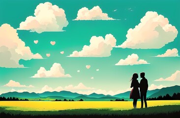 Naklejka na ściany i meble Romantic Landscape for Valentine's Day with Couple In Love and Heart Shaped Clouds