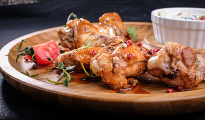 grilled chicken wings and sauce on a wooden tray