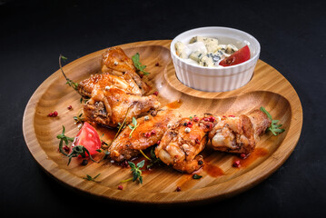 grilled chicken wings and sauce on a wooden tray