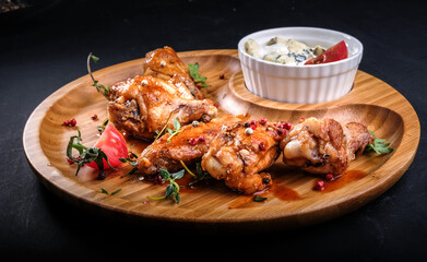 grilled chicken wings and sauce on a wooden tray