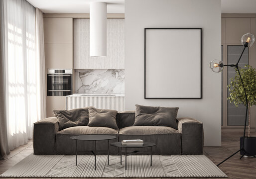 Mockup poster frame on the wall of living room with kitchen and dining room. Luxurious apartment background with contemporary design. Modern interior design. 3D render, 3D illustration.
