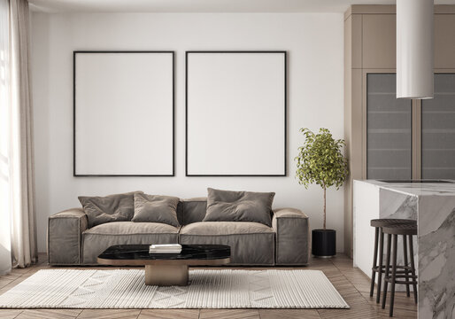 Mockup poster frame on the wall of living room with kitchen and dining room. Luxurious apartment background with contemporary design. Modern interior design. 3D render, 3D illustration.
