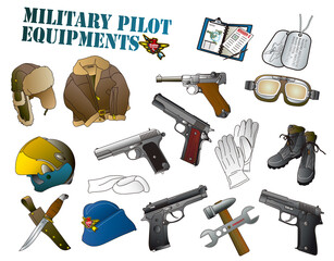 Military air force pilot equipment from the early years to know set. 
