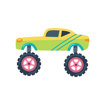 Yellow and green monster truck as toy vector illustration. Childish cartoon drawing of retro race car with big wheels isolated on white background. Transport, transportation, racing concept