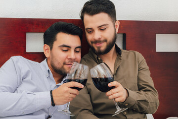gay young male couple in bed toasting with glasses of red wine.