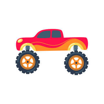 Red monster truck as toy for children vector illustration. Childish cartoon drawing of retro race car with big wheels isolated on white background. Transport, transportation, racing concept