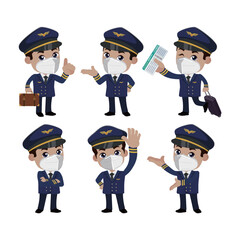 Airline pilot with different poses. vector