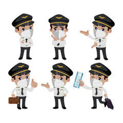 Airline pilot with different poses. vector