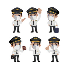 Airline pilot with different poses. vector