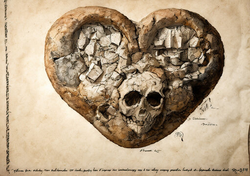 Parchment Art, drawing of a beautiful Heart made of stone - AI Generated