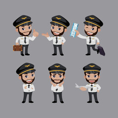 Airline pilot with different poses. vector