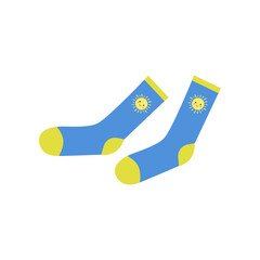 Blue and yellow cotton socks on white background. Trendy female summer clothes flat vector illustration. Fashion, vacation concept