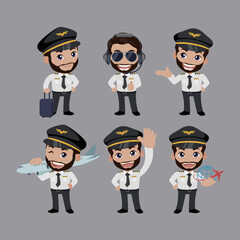 Airline pilot with different poses. vector