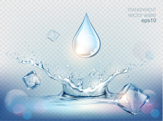 Transparent realistic vector  water splash, drops and ice cubes on blue background  - 562646563