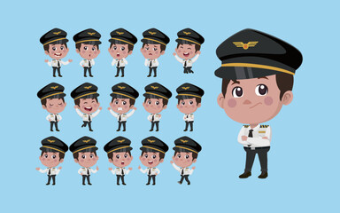 Airline pilot with different poses. vector