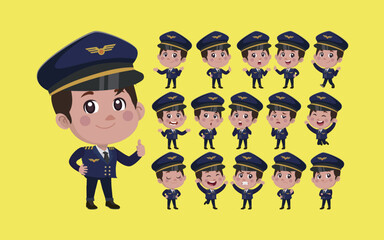 Airline pilot with different poses. vector