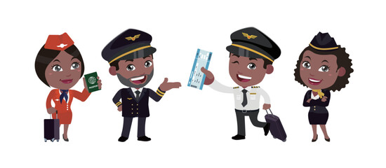 Airline pilot with different poses. vector