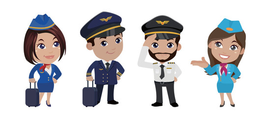 Airline pilot with different poses. vector