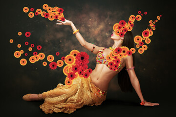 Abstract art collage of young woman with flowers