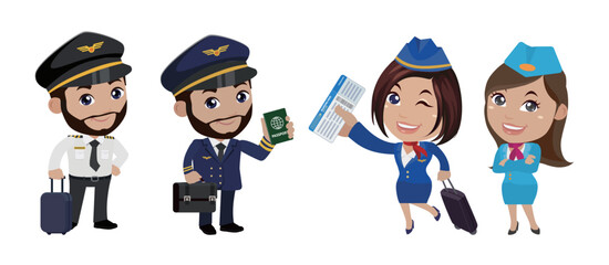 Airline pilot with different poses. vector