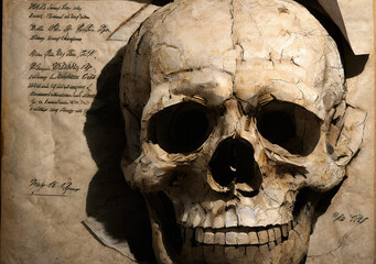 Parchment Art, drawing of a beautiful anatomically correct Skull made of stone - AI Generated