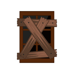Broken window covered by wooden planks vector illustration. Cartoon drawing of old window closed by boards from wood on white background. Damage, safety, security, furniture, protection concept