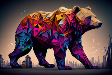 origami geometric style big walking bear side view multicolored geometric figures