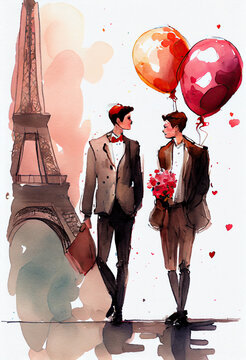 Saint Valentin, fête des amoureux. Couple homosexuel homme. LGBT+. Paris, France, capitale de l’amour. Carte de voeux coeur, cadeau pour couple masculin. Generative AI.