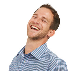 A studio shot of a handsome young man laughing out loud Isolated on a PNG background.