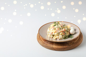 Concept of New year food, Olivier salad, space for text