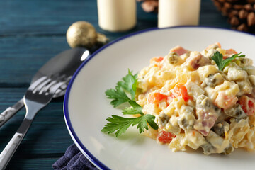 Concept of New year food, tasty Olivier salad