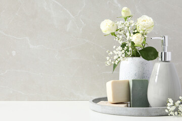 Concept of bath accessories, bath supplies, space for text