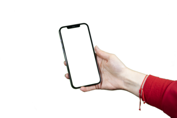 women's hand shows mobile smartphone with green screen in vertical position isolated on PNG background 