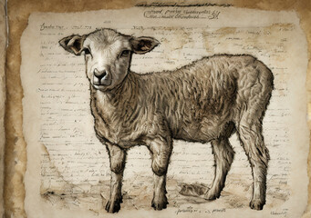 Parchment Art, drawing of a beautiful Lamb, Easter, Christian festivity - AI Generated