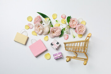 Concept of spring shopping and season sale, top view