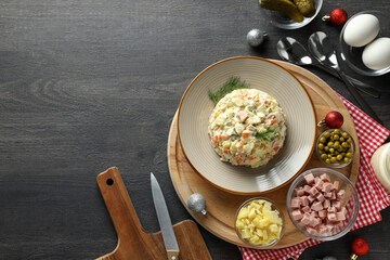Concept of New year food, Olivier salad, space for text