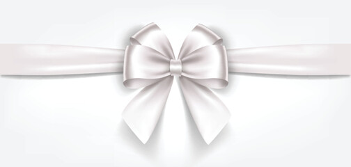 Satin decorative white bow with horizontal ribbon isolated on white background. Vector white bow and ribbon